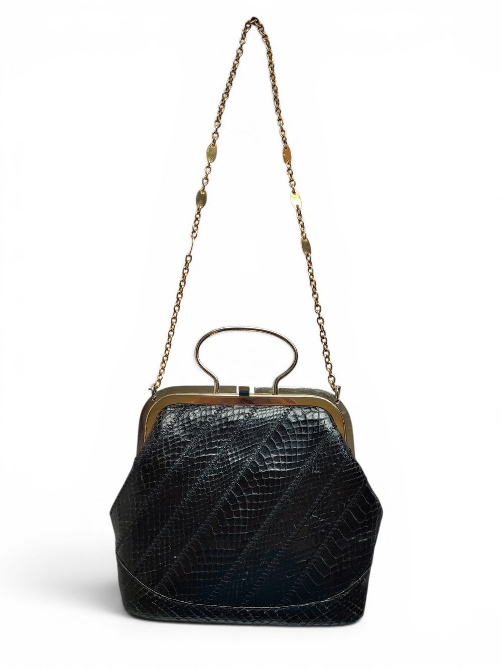 Vintage Black Snakeskin And Leather Frame Clutch With Chain Made In Spain